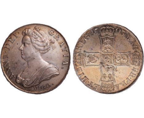 British coins, Anne, crown, 1703, TERTIO, VIGO, first dr. bust l., rev. crowned cruciform shields (S.3576; ESC.99; Bull 1340)