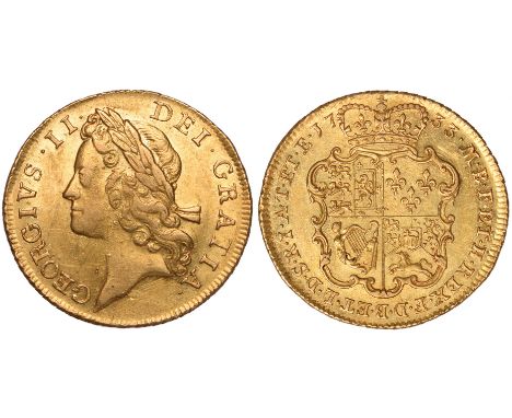 British coins, George II, guinea, 1733, second young laur. head l., rev. crowned shield of arms (S.3674), very fine, reverse 