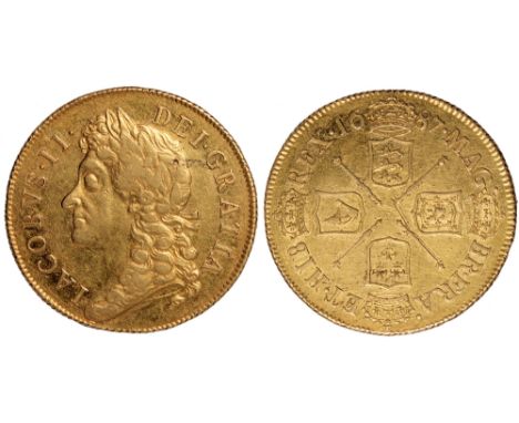 British coins, James II, two guineas, 1687, laur. bust l., rev. crowned cruciform shields, sceptres in angles (S.3399), scrat