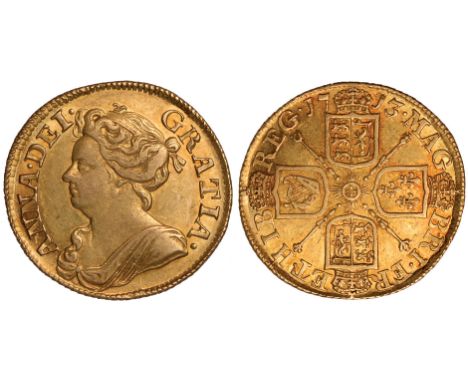 British coins, Anne, guinea, 1713, third dr. bust l., rev. crowned cruciform shields, sceptres in angles (S.3574), about extr