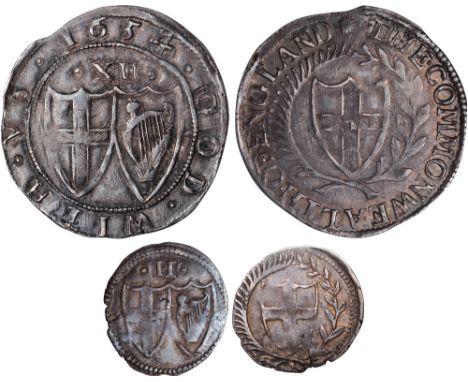 British coins, Commonwealth, shilling, mm. sun, 1654, English shield of arms within wreath, rev. conjoined shields, mark of v