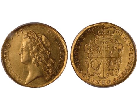 British coins, George II, two guineas, 1738, young laur. head l., rev. crowned shield of arms (S.3667B), certified and graded