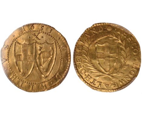 British coins, Commonwealth, double crown, mm. sun, 1653, English shield of arms within wreath, rev. conjoined shields, mark 