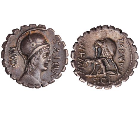 Mn. Aquilius Mn. f. Mn. n. (71 BC), denarius, helmeted and dr. bust of Virtus r., VIRTVS in front, III VIR behind, rev. a war