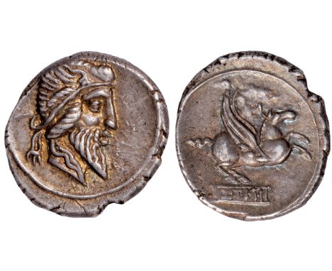Ancient coins,Q. Titius (90 BC), silver denarius, head of Mutinus Titinus r. bound with winged diadem, rev. Q TITI on tablet 
