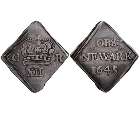 British coins, Charles I, Newark besieged, shilling, 1645, arched crown between C-R, mark of value below, rev. OBS NEWARK, da