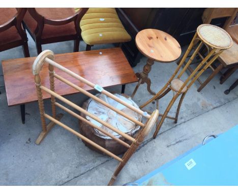 A FIVE BAR TOWEL RAIL, POUFFE, COFFEE TABLE, TRIPOD TABLE AND JARDINIER STAND 