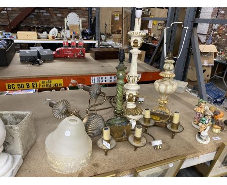 THREE VINTAGE STYLE LAMP BASES, THREE WALL LAMP FITTINGS AND FIVE GLASS SHADES 