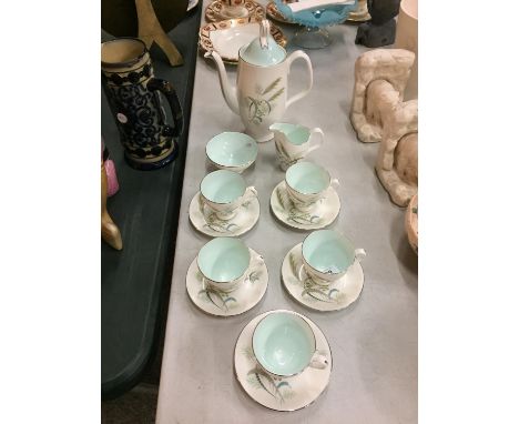 A QUANTITY OF ROYAL ALBERT 'FESTIVAL' TEAWARE TO INCLUDE, FIVE CUPS AND SAUCERS, COFFEE POT, CREAM JUG AND SUGAR BOWL 