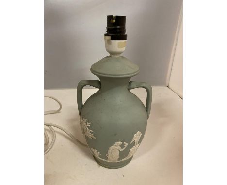 A WEDGWOOD STYLE LAMP BASE MADE BY GUDSON BROTHERS, HANLEY.  HEIGHT 26CM 