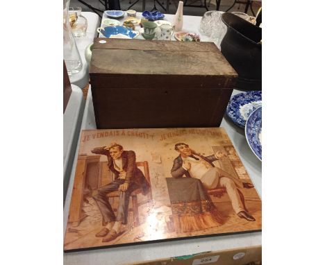 AN OAK SEWING BOX WITH CAMPAIGN STYLE HANDLES - NEEDS WORK- SIZE 36CM X 20CM X 17CM, PLUS A FRENCH THEMED PRINT ON  BOARD 