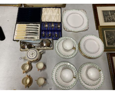 A QUANTITY OF ART DECO 'PLANT' CHINA TO INCLUDE CUPS, SAUCERS, PLATES,ETC, ALSO THREE BOXES OF FLATWARE, NOVELTY EGG CUPS, ET