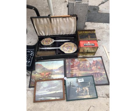 AN ASSORTMENT OF ITEMS TO INCLUDE FOUR VINTAGE FRAMED PRINTS, VINTAGE TINS AND A DRESSING TABLE SET ETC 