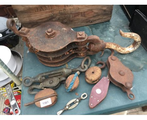 AN ASSORTMENT OF VINTAGE PULLEY HOOKS, A B&amp;A IMPROVED RIGGING SCREW ETC 