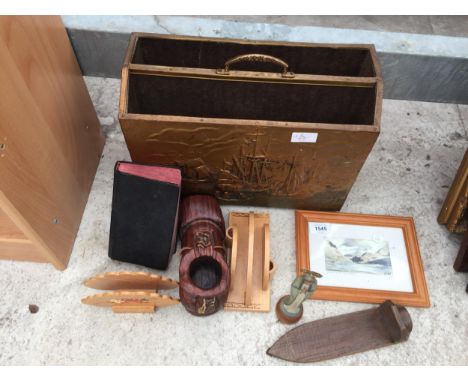 AN ASSORTMENT OF ITEMS TO INCLUDE A BRASS MAGAZINE RACK AND A FRAMED PRINT ETC 