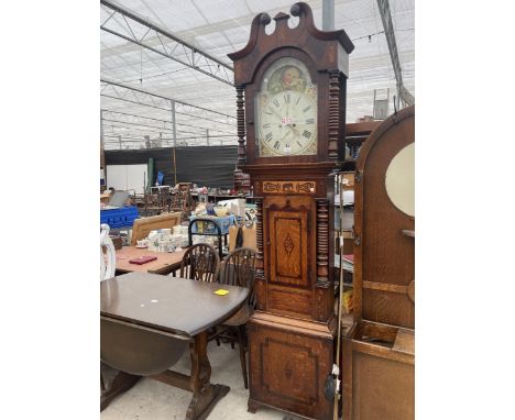 A 19TH CENTURY OAK, CROSSBANDED AND INLAID LONGCASE CLOCK WITH ROLLING MOON ENAMEL DIAL (JOHN FISHER, BILSTON) 