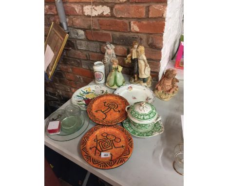 A SELECTION OF FIGURES, CERAMIC WARE AND TWO STUDIO POTTERY PLAQUES ONE SIGNED GUILLEN R.D 