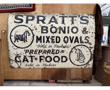 A LARGE VINTAGE 'SPRATTS, BONIO AND MIXED OVALS' TIN SIGN (183CM X 122CM) BELIEVED ORIGINAL 