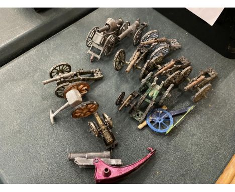 APPROX 14 VINTAGE MILITARY TOY METAL CANNONS 