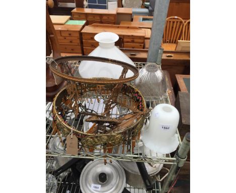 AN ASSORTMENT OF VINTAGE DECORATIVE LIGHT FITTINGS AND GLASS SHADES ETC 