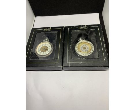 TWO BOXED MANUAL POCKET WATCHES ONE WITH CHERUB DESIGN AND ONE WITH A VISUAL MOVEMENT 