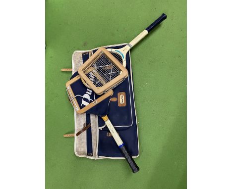 TWO VINTAGE DUNLOP WOODEN TENNIS RACKETS WITH ORIGINAL PRESSES IN A SPALDING BAG 