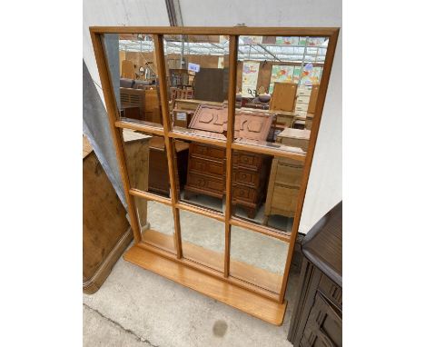 A RETRO TEAK WINDOW MIRROR WITH NINE BEVEL MIRRORS AND SHELF, 51 X 33" 