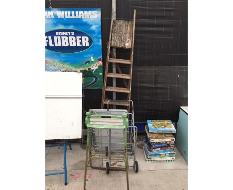 AN ASSORTMENT OF ITEMS TO INCLUDE A MANGLE, WHEELED TROLLEY AND RACKING AND A SEVEN RUNG VINTAGE WOODEN STEP LADDER ETC 