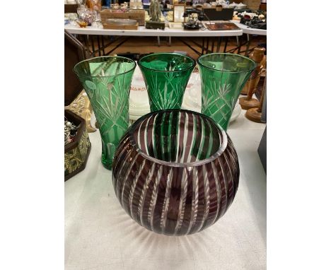 THREE VINTAGE STYLE GREEN GLASS VASES HEIGHT 22CM PLUS A PURPLE ROUND VASE 