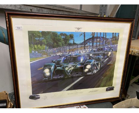 A FRAMED LIMITED EDITION PRINT 299/750 OF A BENTLEY INVINCIBLE - LE MANS 2003 BELIEVED TO BE SIGNED BY THE CO-DRIVERS RINALDO