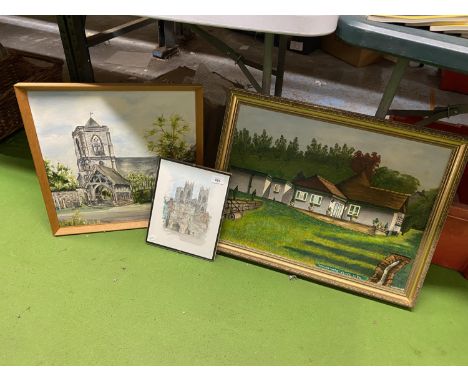 TWO OIL ON BOARD PAINTINGS OF A A CHURCH AND A BUNGALOW AND A PRINT OF YORK MINSTER 