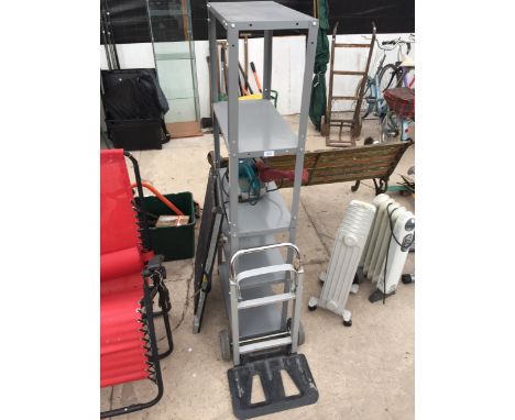 A METAL SHELVING UNIT, A MAKITA BELT SANDER AND A SACK TRUCK 