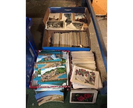 A LARGE COLLECTION OF VINTAGE POSTCARDS IN THREE BOXES TO INCLUDE A LARGE AMOUNT WITH A BORDERED FLORAL DESIGN, OTHERS DEPICT