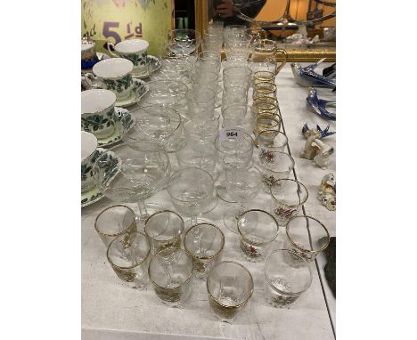 A SELECTION OF GLASSES TO INCLUDE, CHAMPAGNE, SHERRY, PORT, PLUS SIX QUEEN ELIZABETH II COMMEMORATIVE LICQUER GLASSES AND SIX