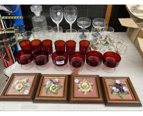AN ASSORTMENT OF GLASS WARE AND FRAMED FLORAL CERAMIC PLAQUES ETC 