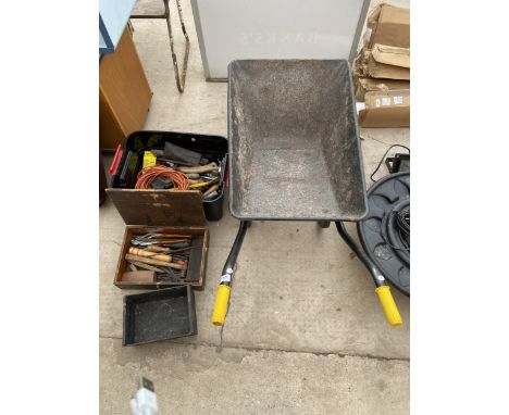 AN ASSORTMENT OF ITEMS TO INCLUDE A WHEEL BARROW AND TWO TOOL BOXES CONTAINING AN ASSORTMENT OF TOOLS 