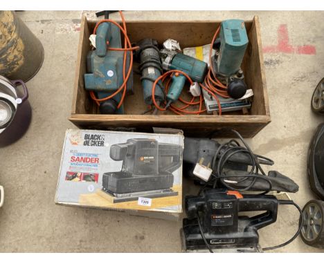 AN ASSORTMENT OF POWER TOOLS TO INCLUDE A BLACK AND DECKER SANDER, ROUTER AND DRILL ETC 
