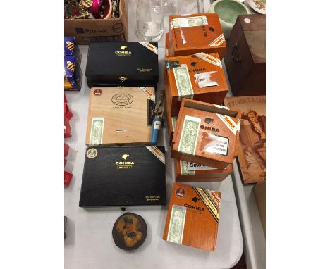 A QUANTITY (12) OF EMPTY CIGAR BOXES, PLUS A TRINKET BOX WITH A PORTRAIT OF A CONTINENTAL MAN 