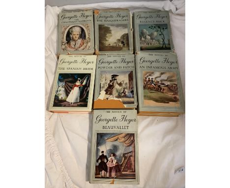 A COLLECTION OF VINTAGE HARDBACK'S BY GEORGETTE HEYER WITH DUSTCOVERS TO INCLUDE, THE CONVENIENT MARRIAGE, THE MASQUERADERS, 