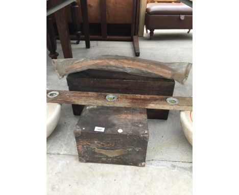 TWO VINTAGE WOODEN TOOL CHESTS AND A VINTAGE SPIRIT LEVEL 