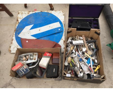 AN ASSORTMENT OF ITEMS TO INCLUDE A PROJECTOR, A ROAD SIGN, FLATWARE AND AUTO MOBILE SPARES ETC 