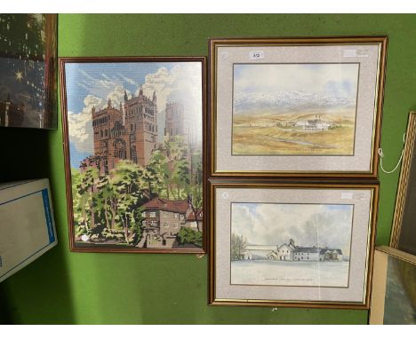 TWO FRAMED SIGNED WATERCOLOURS OF THE DALWHINNIE DISTILLERY, INVERNESS - J ROWLAND '99, AND A FRAMED TAPESTRY OF A CHURCH 