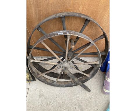TWO VINTAGE WOODEN CART WHEELS 