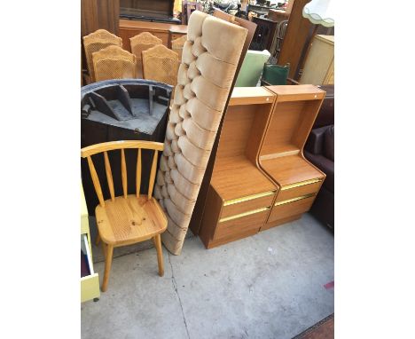 A SCHREIBER CONTINENTAL STYLE HEADBOARD AND PINE KITCHEN CHAIR