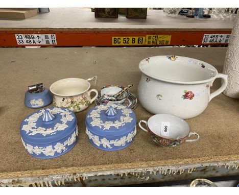 A FLORAL CHAMBERPOT, THREE PIECES OF WEDGWOoD JASPERWARE, ORIENTAL STYLE CUPS AND SAUCERS, ETC 