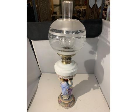A VINTAGE OIL LAMP DEPICTING THE THREE GRACES WITH FUNNEL AND GLASS SHADE 