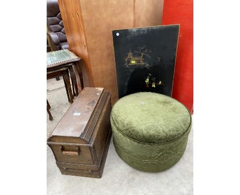 A SINGER SEWING MACHINE, POUFFE AND FIRE SCREEN/FOLDING TABLE 