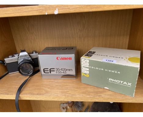 A CANON EF35-105MM CAMERA LENS, A PHOTAX SOLAR2 COLOUR VIEWER AND A MINOLTA SRT100B CAMERA 