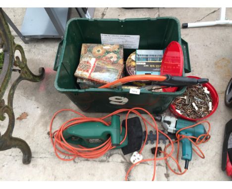 AN ASSORTMENT OF TOOLS AND HARDWARE TO INCLUDE A QUALCAST HEDGE TRIMMER, BLACK AND DECKER DRILL AND VARIOUS SCREWS ETC 