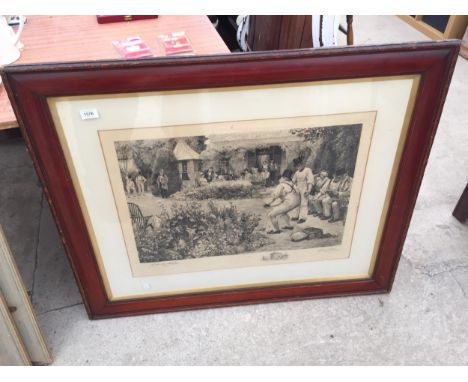 A LARGE FRAMED VINTAGE PRINT OF A BOWLS MATCH, DENDY SADLER 